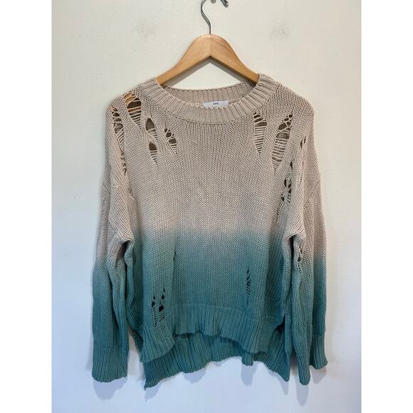 Fate Anthropologie distressed sweater size S cotton ombre tan turquoise crew - Picture 1 of 7